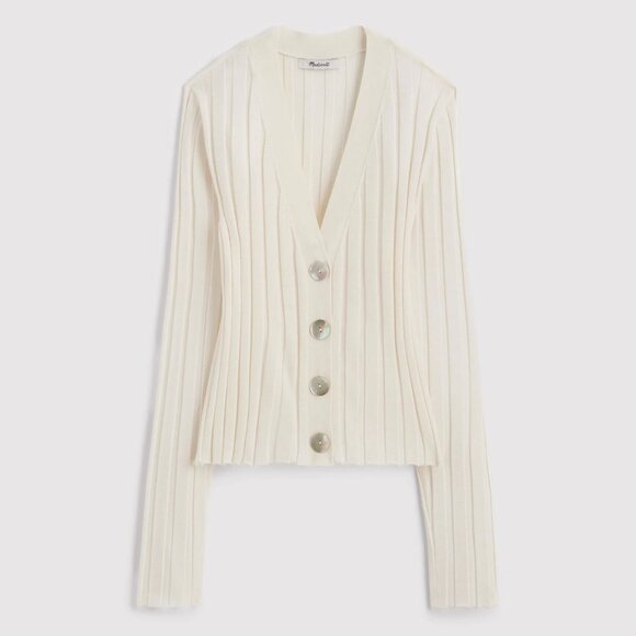 New Madewell Wool Silk Ribbed Cardigan Ivory Medium $118 - Picture 2 of 8